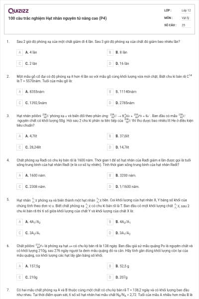 100 câu trắc nghiệm Hạt nhân nguyên tử nâng cao (P4)