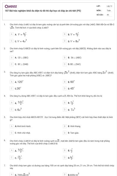 187 Bài trắc nghiệm khối đa diện từ đề thi đại học có đáp án chi tiết (P5)