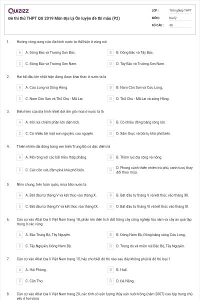 Đề thi thử THPT QG 2019 Môn Địa Lý Ôn luyện đề thi mẫu (P2)