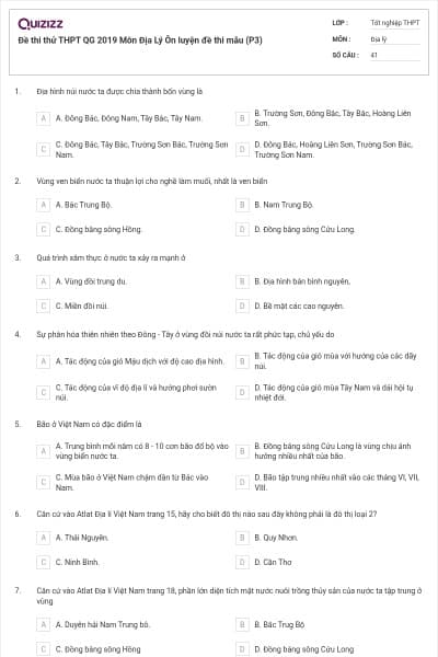 Đề thi thử THPT QG 2019 Môn Địa Lý Ôn luyện đề thi mẫu (P3)