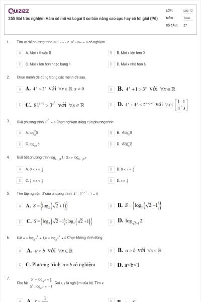 255 Bài trắc nghiệm Hàm số mũ và Logarit cơ bản nâng cao cực hay có lời giải (P6)