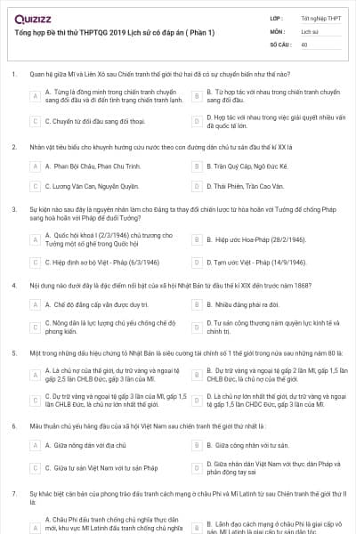 Tổng hợp Đề thi thử THPTQG 2019 Lịch sử có đáp án ( Phần 1)