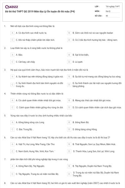 Đề thi thử THPT QG 2019 Môn Địa Lý Ôn luyện đề thi mẫu (P4)