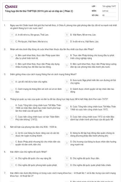 Tổng hợp Đề thi thử THPTQG 2019 Lịch sử có đáp án ( Phần 2)