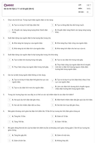 Đề ôn thi Vật Lí 11 có lời giải (Đề 6)
