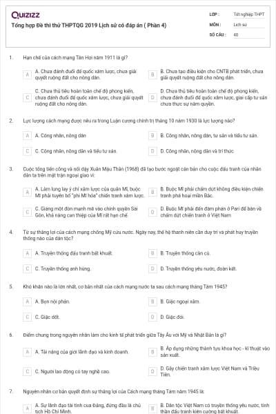 Tổng hợp Đề thi thử THPTQG 2019 Lịch sử có đáp án ( Phần 4)