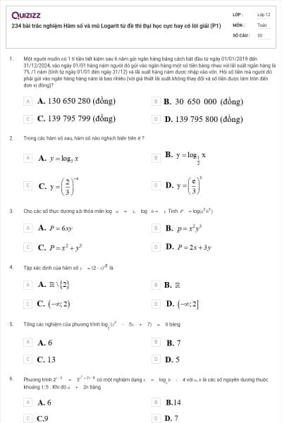 234 bài trắc nghiệm Hàm số và mũ Logarit từ đề thi Đại học cực hay có lời giải (P1)