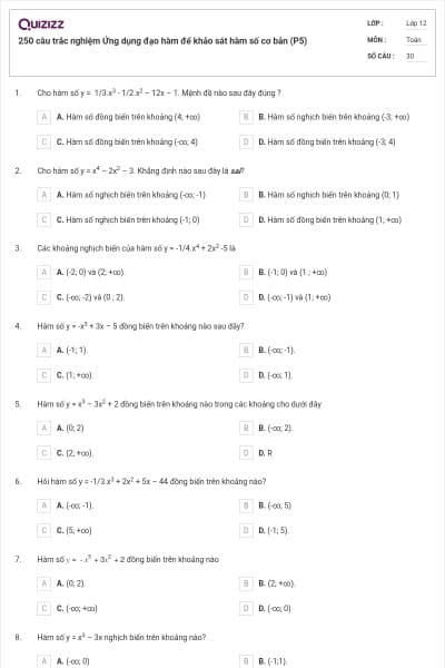 250 câu trắc nghiệm Ứng dụng đạo hàm để khảo sát hàm số cơ bản (P5)