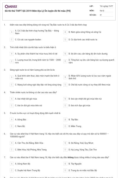 Đề thi thử THPT QG 2019 Môn Địa Lý Ôn luyện đề thi mẫu (P8)