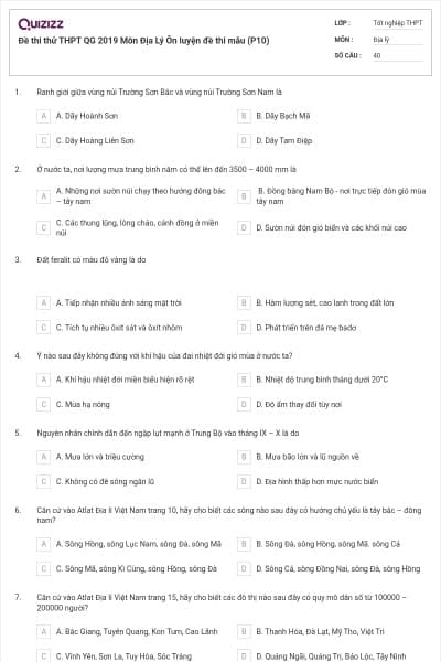 Đề thi thử THPT QG 2019 Môn Địa Lý Ôn luyện đề thi mẫu (P10)