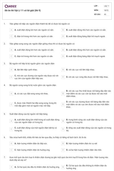 Đề ôn thi Vật Lí 11 có lời giải (Đề 9)