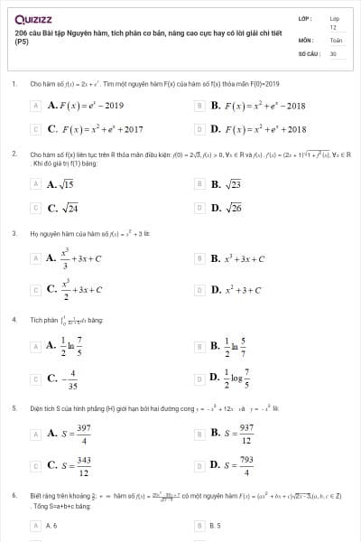206 câu Bài tập Nguyên hàm, tích phân cơ bản, nâng cao cực hay có lời giải chi tiết (P5)