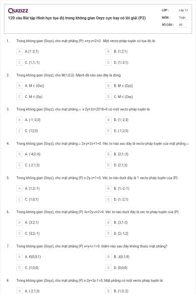 120 câu Bài tập Hình học tọa độ trong không gian Oxyz cực hay có lời giải (P2)