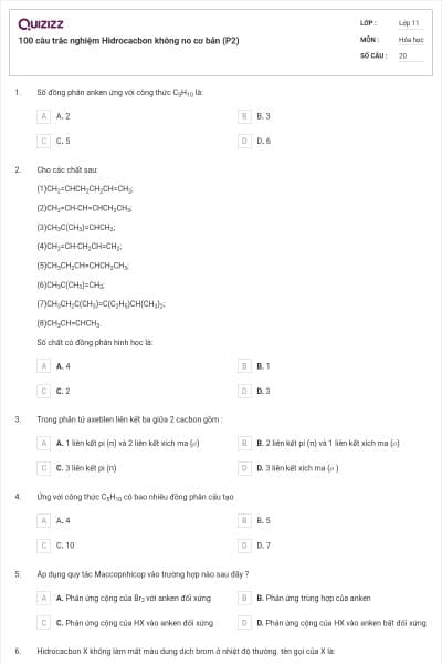 100 câu trắc nghiệm Hidrocacbon không no cơ bản (P2)