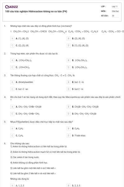 100 câu trắc nghiệm Hidrocacbon không no cơ bản (P4)