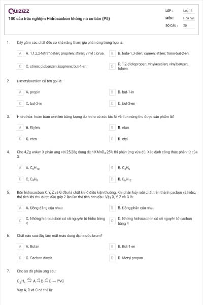 100 câu trắc nghiệm Hidrocacbon không no cơ bản (P5)