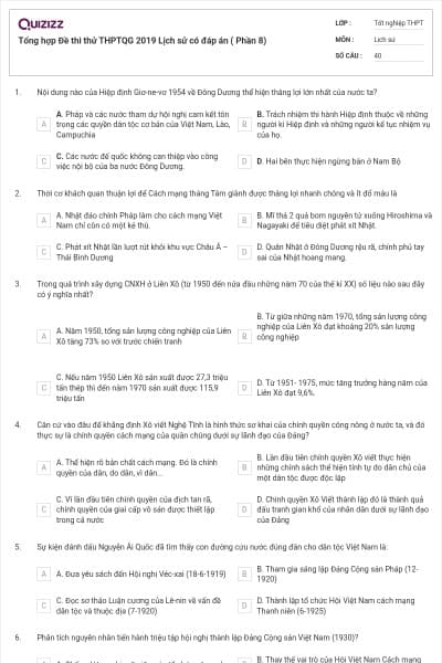 Tổng hợp Đề thi thử THPTQG 2019 Lịch sử có đáp án ( Phần 8)