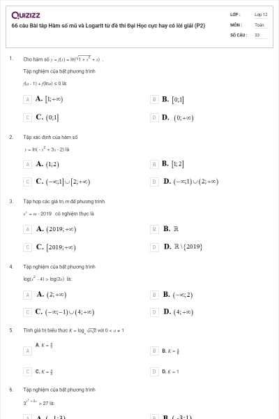 66 câu Bài tâp Hàm số mũ và Logarit từ đề thi Đại Học cực hay có lời giải (P2)
