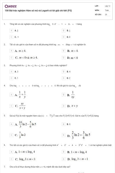 100 Bài trắc nghiệm Hàm số mũ và Logarit có lời giải chi tiết (P3)