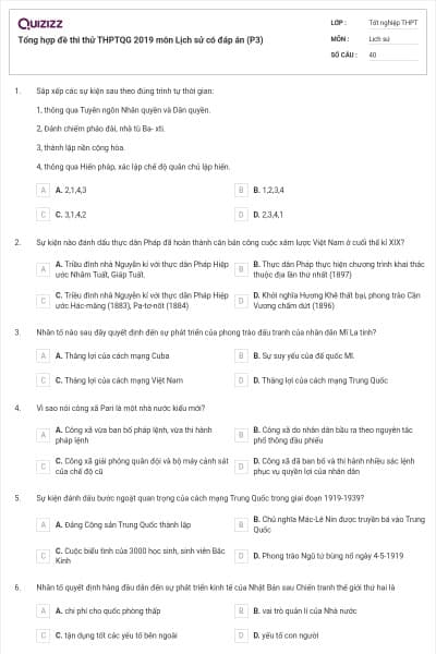 Tổng hợp đề thi thử THPTQG 2019 môn Lịch sử có đáp án (P3)