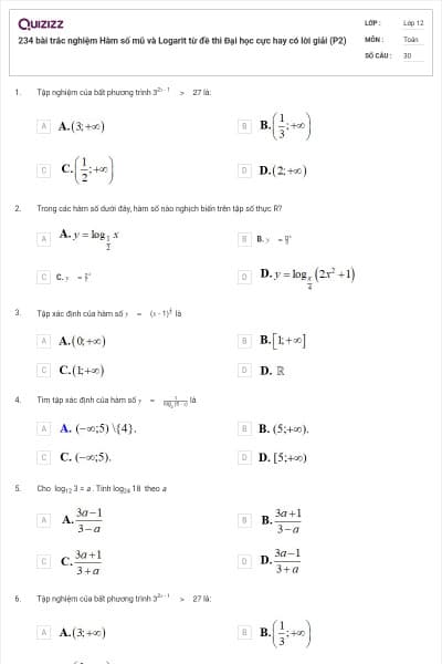 234 bài trắc nghiệm Hàm số mũ và Logarit từ đề thi Đại học cực hay có lời giải (P2)
