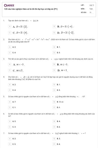 120 câu trắc nghiệm Hàm số từ đề thi đại học có đáp án (P1)