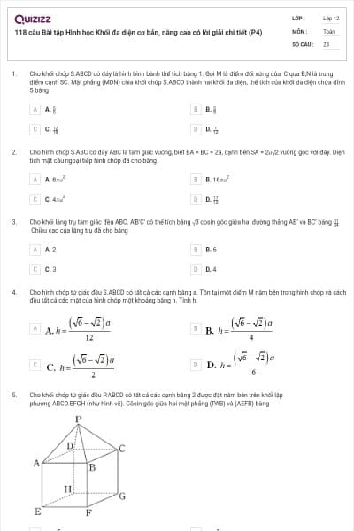 118 câu  Bài tập Hình học Khối đa diện cơ bản, nâng cao có lời giải chi tiết (P4)
