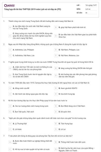 Tổng hợp đề thi thử THPTQG 2019 môn Lịch sử có đáp án (P5)