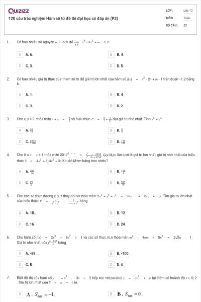 120 câu trắc nghiệm Hàm số từ đề thi đại học có đáp án (P3)