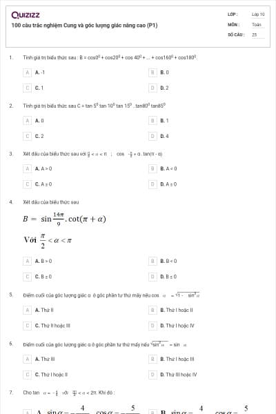 100 câu trắc nghiệm Cung và góc lượng giác nâng cao (P1)