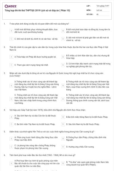 Tổng hợp Đề thi thử THPTQG 2019 Lịch sử có đáp án ( Phần 10)