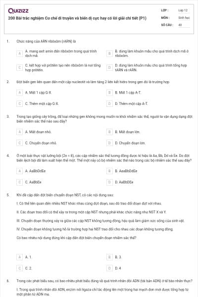 200 Bài trắc nghiệm Cơ chế di truyền và biến dị cực hay có lời giải chi tiết (P1)