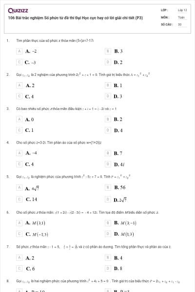 106 Bài trắc nghiệm Số phức từ đề thi Đại Học cực hay cớ lời giải chi tiết (P3)