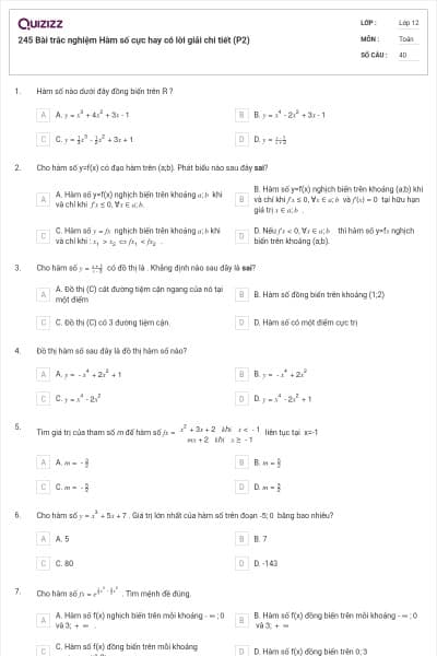 245 Bài trắc nghiệm Hàm số cực hay có lời giải chi tiết (P2)