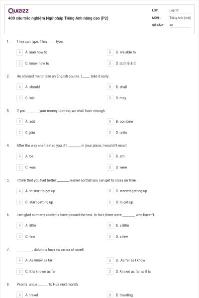 400 câu trắc nghiệm Ngữ pháp Tiếng Anh nâng cao (P2)