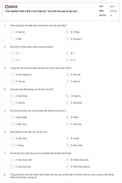 Trắc nghiệm Sinh 6 Bài 31(có đáp án): Thụ tinh kết quả và tạo hóa