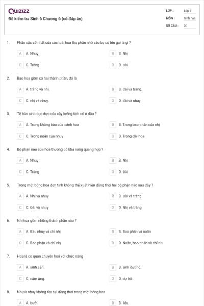 Đề kiểm tra Sinh 6 Chương 6 (có đáp án)