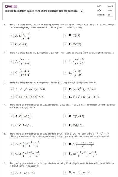 108 Bài trắc nghiệm Tọa độ trong không gian Oxyz cực hay có lời giải (P2)