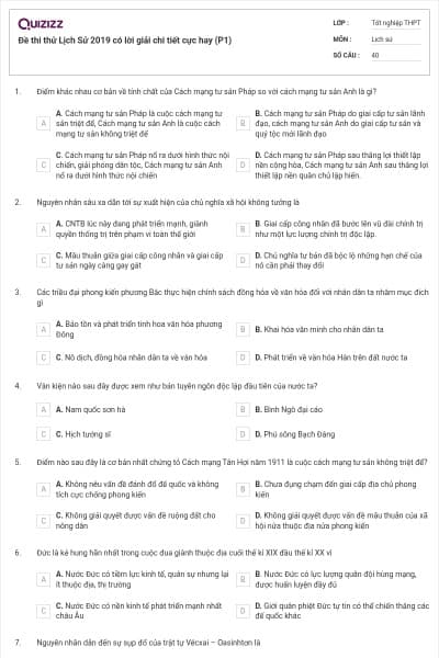 Đề thi thử Lịch Sử 2019 có lời giải chi tiết cực hay (P1)