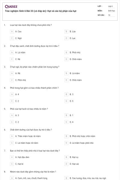 Trắc nghiệm Sinh 6 Bài 33 (có đáp án): Hạt và các bộ phận của hạt
