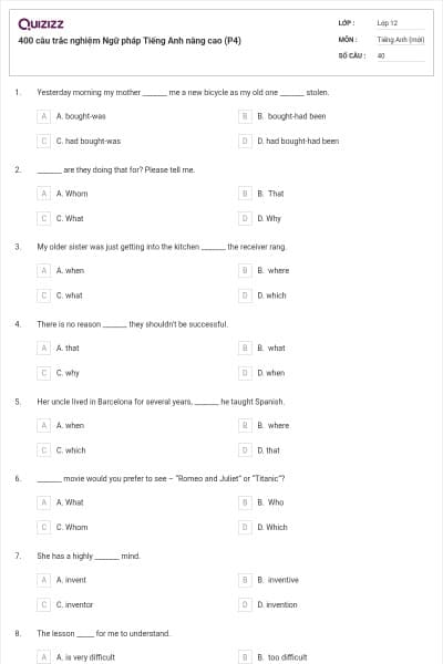 400 câu trắc nghiệm Ngữ pháp Tiếng Anh nâng cao (P4)