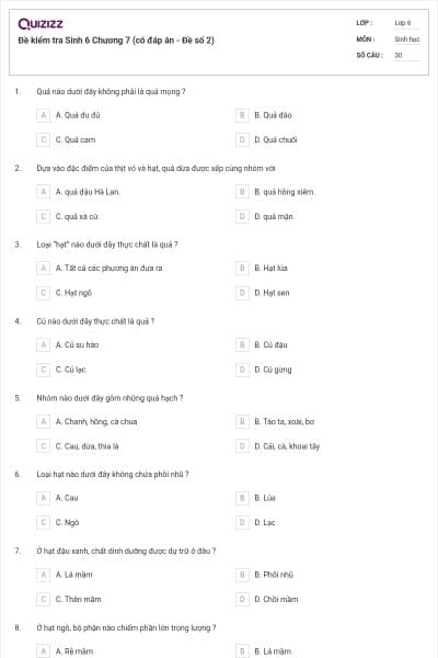 Đề kiểm tra Sinh 6 Chương 7 (có đáp án - Đề số 2)