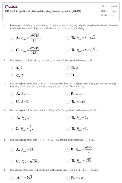 233 Bài trắc nghiệm số phức cơ bản, nâng cao cực hay có lời giải (P2)