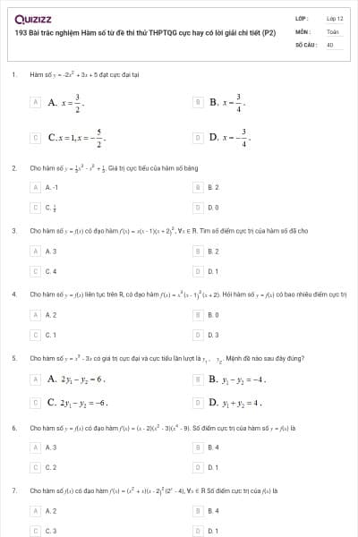 193 Bài trắc nghiệm Hàm số từ đề thi thử THPTQG cực hay có lời giải chi tiết (P2)