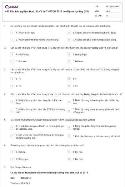480 Câu trắc nghiệm Địa Lí từ đề thi THPTQG 2019 có đáp án cực hay (P5)
