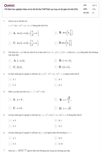 193 Bài trắc nghiệm Hàm số từ đề thi thử THPTQG cực hay có lời giải chi tiết (P4)