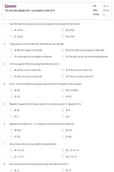 125 câu trắc nghiệm Oxi - Lưu huỳnh cơ bản (P1)
