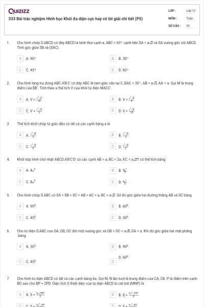 333 Bài trắc nghiệm Hình học Khối đa diện cực hay có lời giải chi tiết (P5)