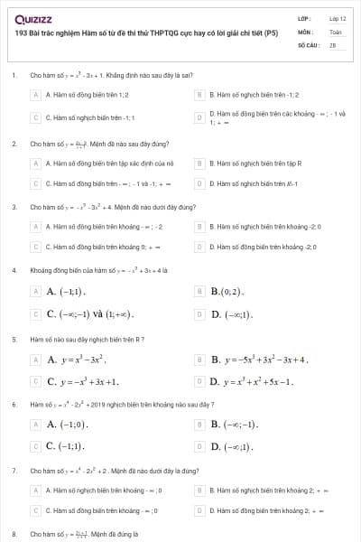 193 Bài trắc nghiệm Hàm số từ đề thi thử THPTQG cực hay có lời giải chi tiết (P5)