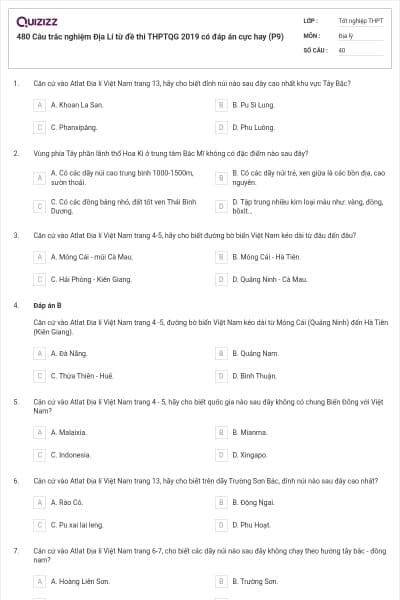 480 Câu trắc nghiệm Địa Lí từ đề thi THPTQG 2019 có đáp án cực hay (P9)